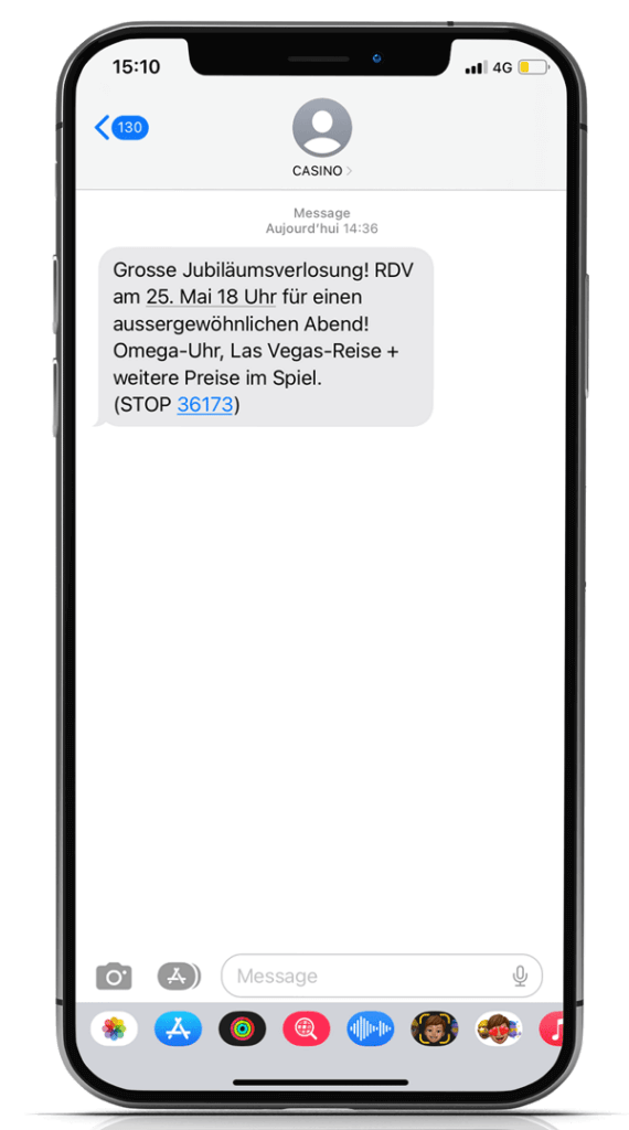 Beispiel für eine Gruppen-SMS, die vom Casino Lac Meyrin verschickt wurde.