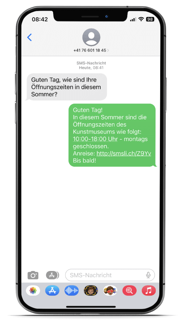 SMS-Konversation mit dem Kunstmuseum, um ihre Sommeröffnungszeiten zu erfahren