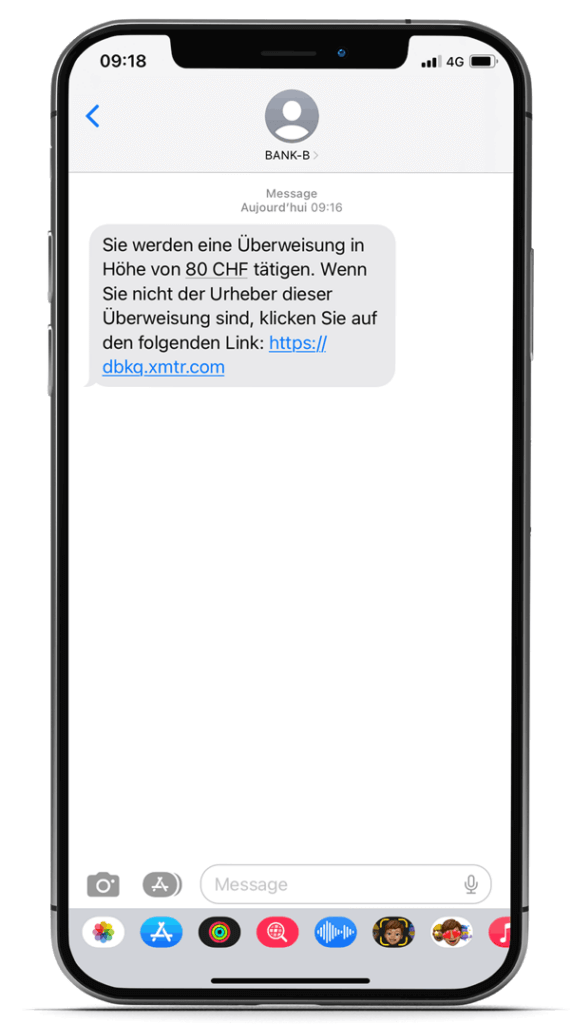 Beispiel für eine betrügerische SMS, die von einer gefälschten Bankstruktur gesendet wurde