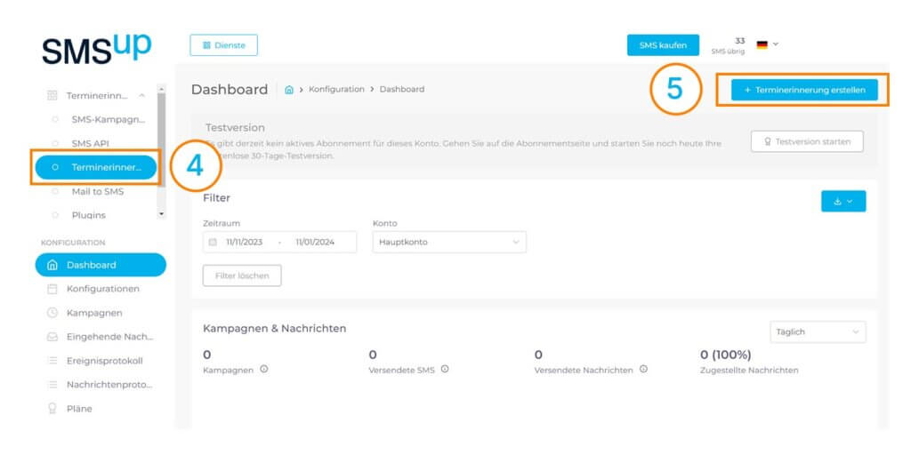 Dashboard der SMSup-Plattform, Konfiguration Ihrer Terminerinnerung 