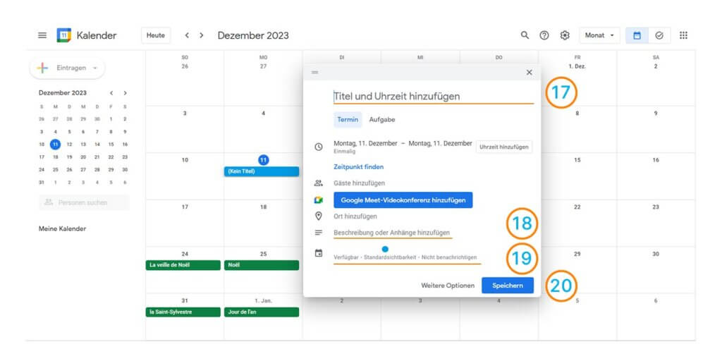 Schritte zum Einrichten eines Termins in Google Kalender.