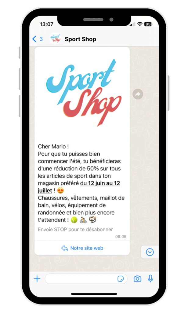 Communication sur WhatsApp business par une boutique de sport