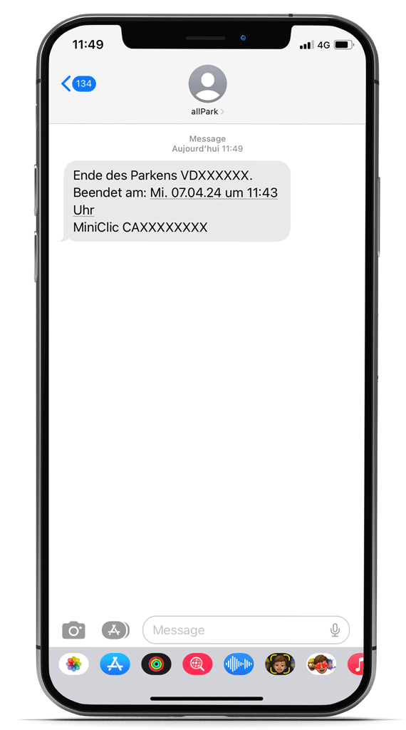 Beispiel für eine SMS-Benachrichtigung über das Ende des Parkens, die von der Firma allPark gesendet wurde