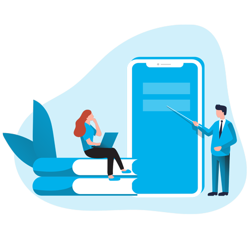 Illustration d'une femme et d'un homme réfléchissant à la stratégie SMS pour une communication indépendant