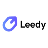A blue and purple gradient logo resembling a stylized hand or pen sits next to the word "Leedy" in bold black text on a white background, evoking innovation—perfect for an online-sms platform.
